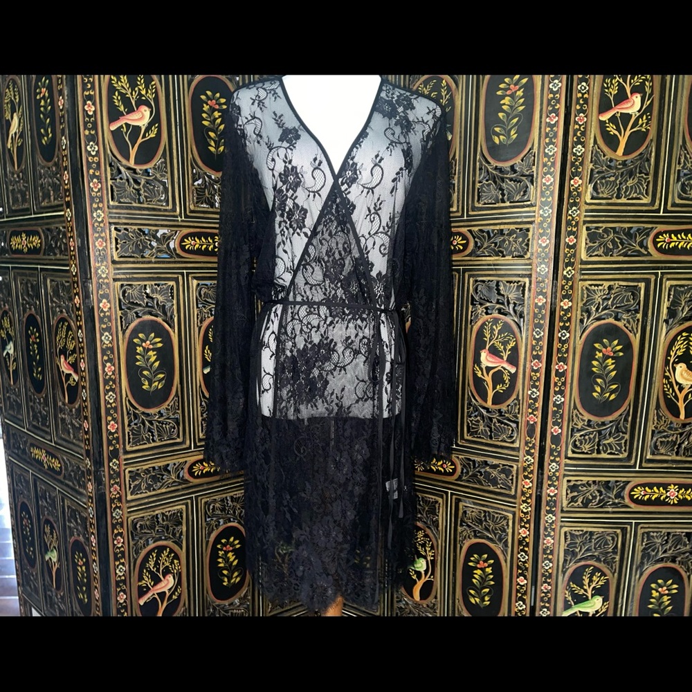INC International Concepts Women's Black Lace Wrap Robe.